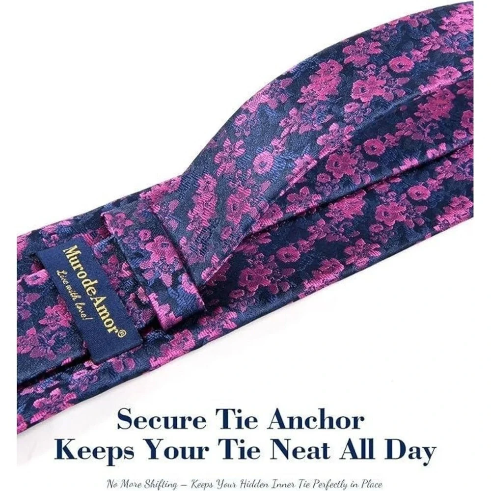 Men's 6pc Silk Blend Floral Tie Handkerchief Lapel Pin Cufflinks Set Pink/Purple